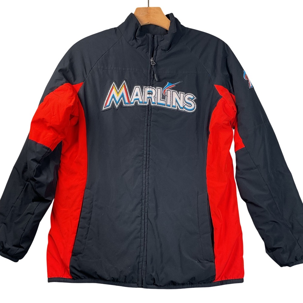 Majestic Miami Marlins Jacket Mens Medium Black Red Full Zip MLB WJ16‎